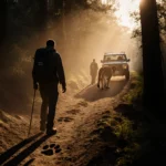 Hiker standing at trail edge with mountain lion paw print behind and golden light filtering through foliage
