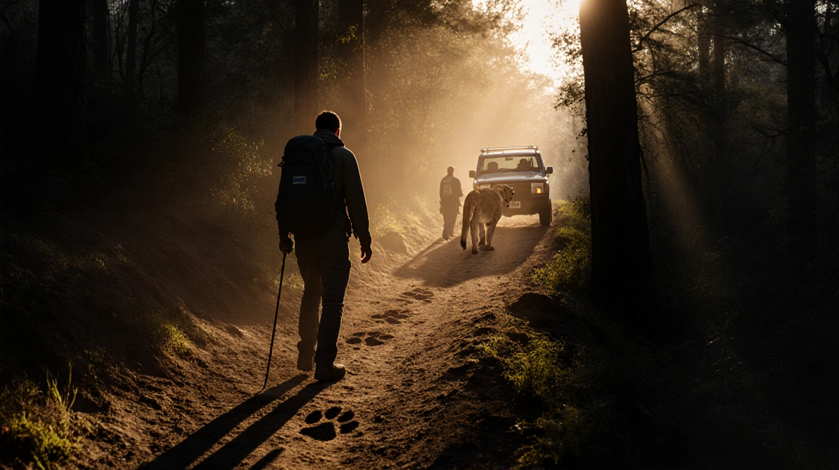Hiker standing at trail edge with mountain lion paw print behind and golden light filtering through foliage