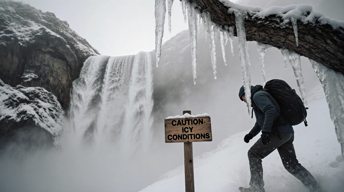 Hiker carefully steps around large icicle on Mt Baldy trail with fog swirling around legs and caution sign showing icy condit