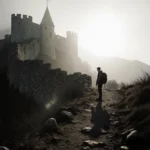 Young hiker stands alone at misty mountain trail edge with Bran Castle ruins rising behind and shadows stretching across rock