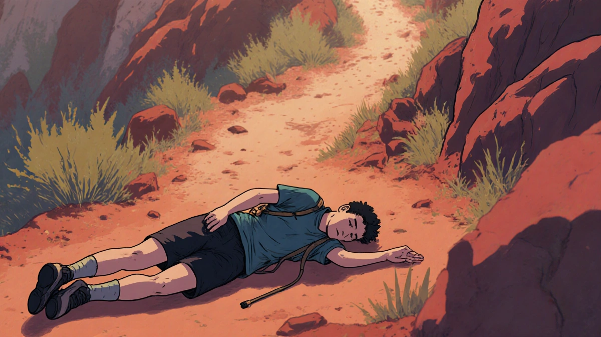 Teen hiker lying motionless on Red Reef Trail with rocky terrain and overgrown brush visible in warm light