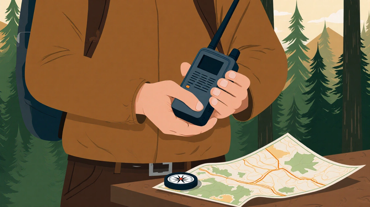 Hiker holding satellite communicator with forest canopy and navigation compass showing outdoor adventure preparedness