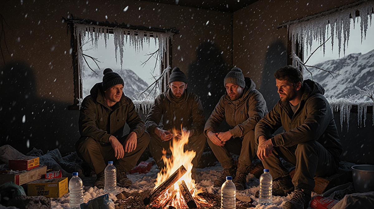 Four hikers sit around a small campfire with empty food packets and water bottles in a dark mountain shelter and are desperat