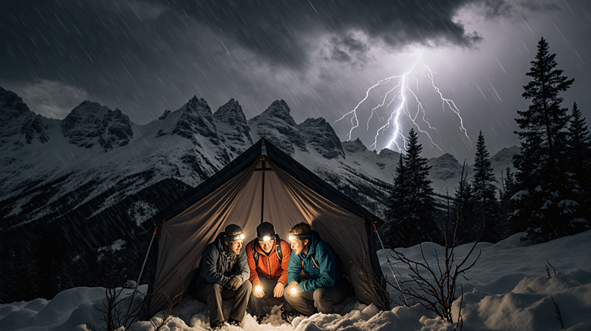 Four hikers huddled together in an emergency shelter with storm lightning and warm headlamp glow.
