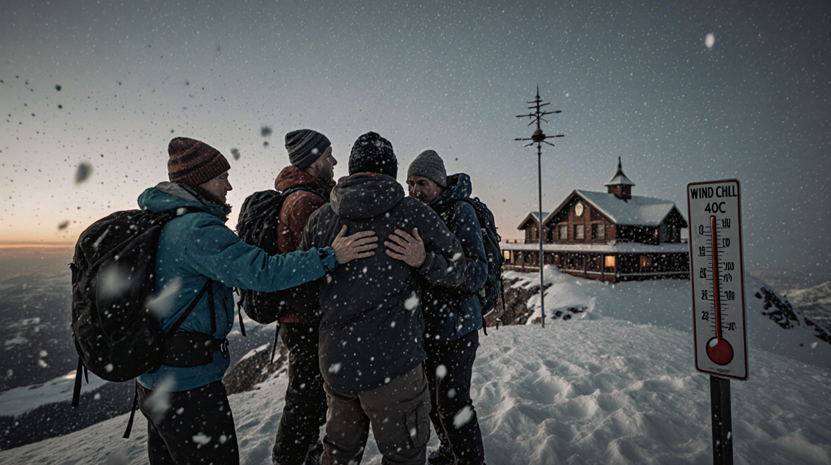 Hikers stand on summit holding each other with snow swirling, wind chill sign -50°C visible and a lodge in background.