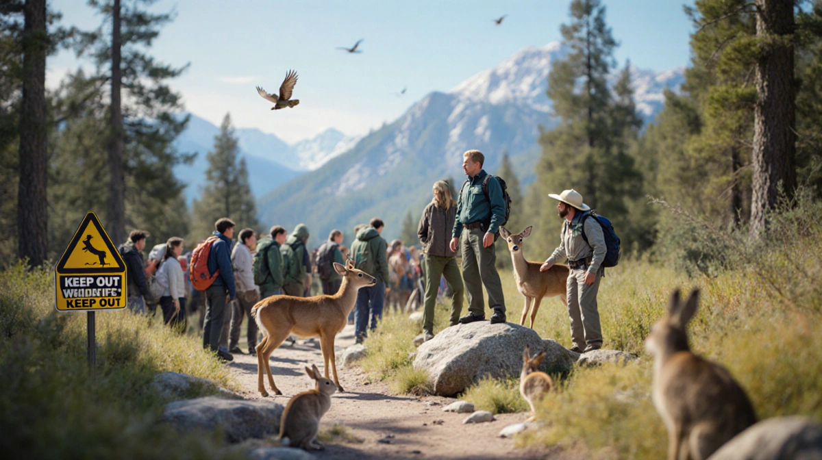 Hikers crowding too close to deer on trail with Keep Out wildlife warning signs and park ranger nearby