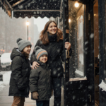 Hilaria Baldwin smiles with her children in winter coats outside a snow‑filled NYC salon with warm streetlight