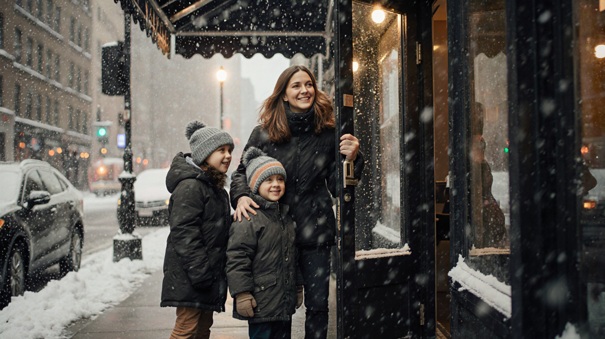 Hilaria Baldwin smiles with her children in winter coats outside a snow‑filled NYC salon with warm streetlight