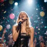 Hilary Duff performing on stage with microphone and spotlight while crowd celebrates with balloons and confetti