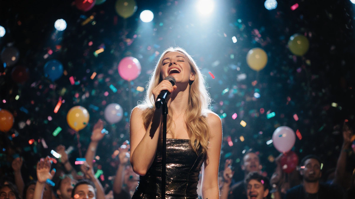 Hilary Duff performing on stage with microphone and spotlight while crowd celebrates with balloons and confetti