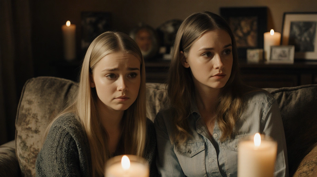 Hilary Duff looks wistful sad while Haylie watches beside her on worn couch surrounded by candlelight and nostalgic mementos