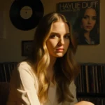 Hilary Duff sits alone with iconic CDs and vinyls in a golden glow album cover behind hinting at sibling rivalry nostalgia