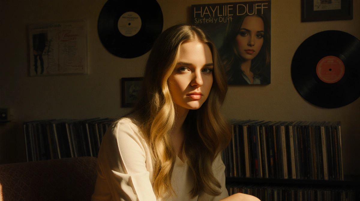 Hilary Duff sits alone with iconic CDs and vinyls in a golden glow album cover behind hinting at sibling rivalry nostalgia