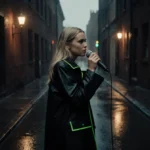 Hilary Duff singing with microphone in black raincoat with neon accents under city lights