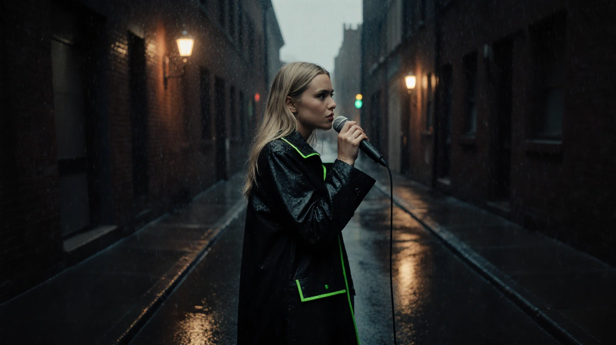 Hilary Duff singing with microphone in black raincoat with neon accents under city lights