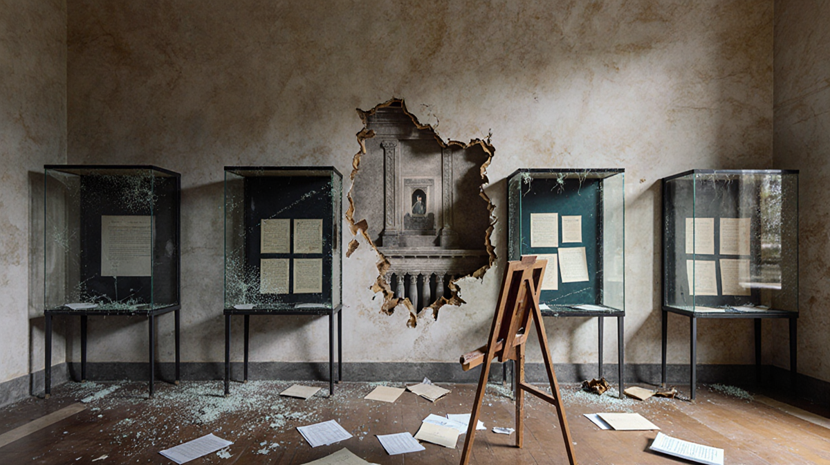 Broken easel lies on floor with scattered papers and empty display cases expose historic wall with shattered glass.