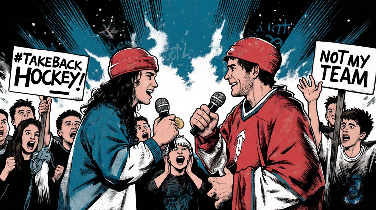 Two hockey fans arguing at rally with TakeBackHockey signs and microphone in crowded arena