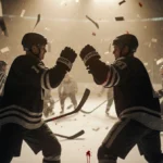 Two hockey players face off with clenched fists and blood on ice as referees rush in with golden light