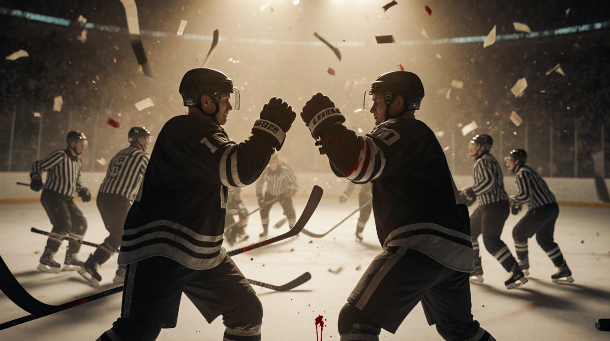Two hockey players face off with clenched fists and blood on ice as referees rush in with golden light