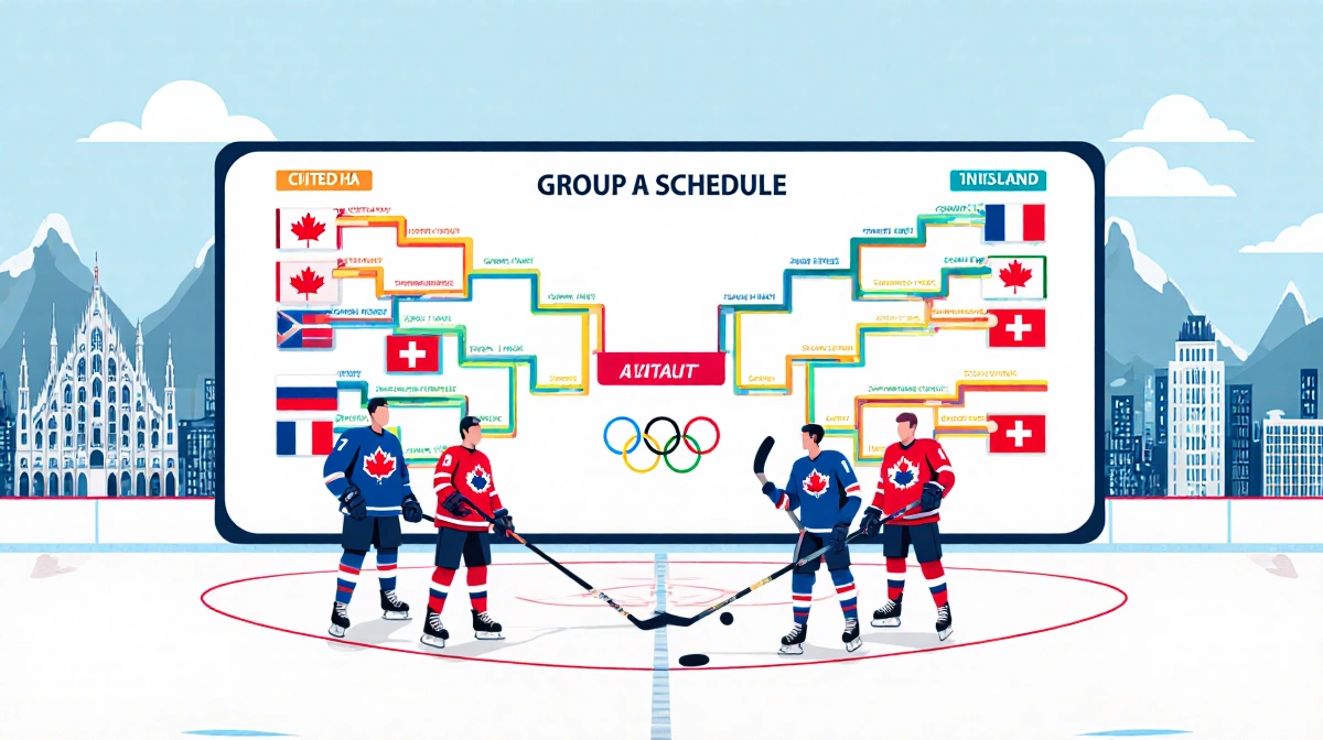 Four hockey teams gather around schedule board with colorful bracket and Milan Cortina cityscape behind