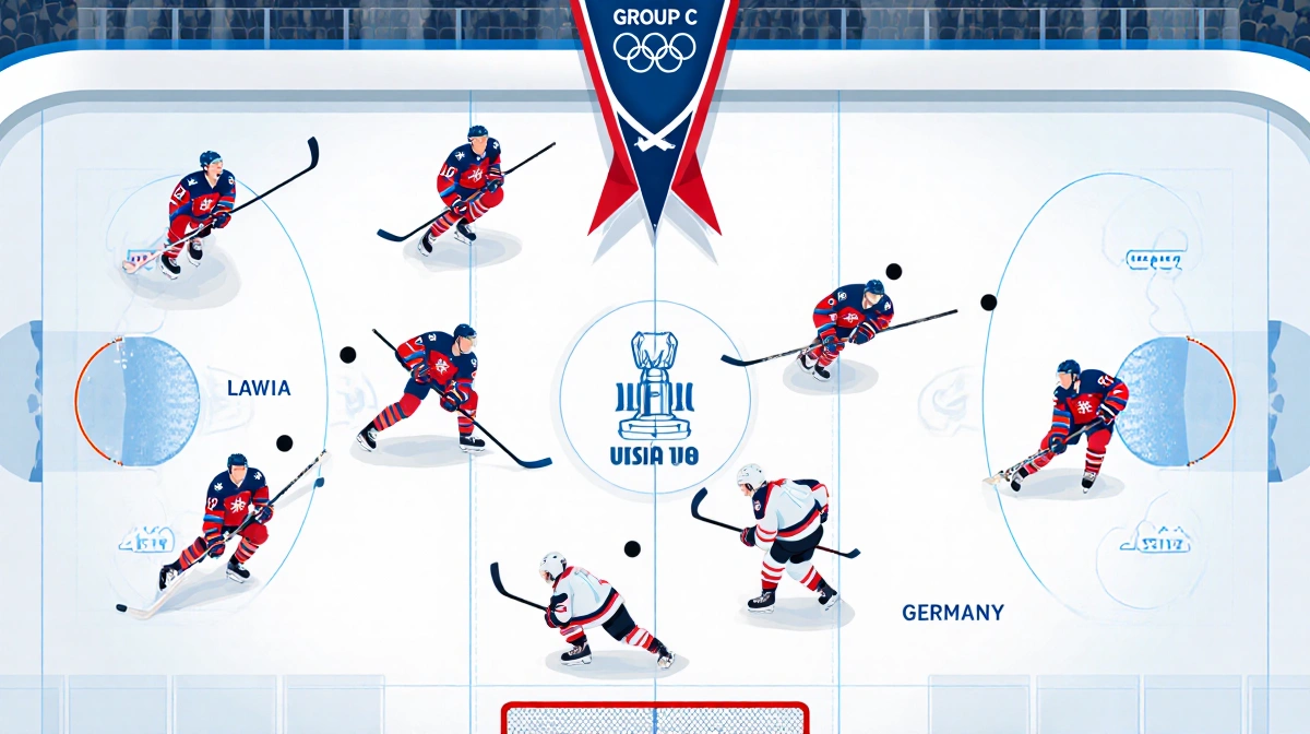 Schedule lists Team USA vs Latvia and Denmark and Germany with hockey sticks and pucks and trophy background.