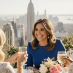 Hoda Kotb smiling warmly as Jenna Bush Hager and Sheinelle Jones toast at outdoor table with city skyline behind