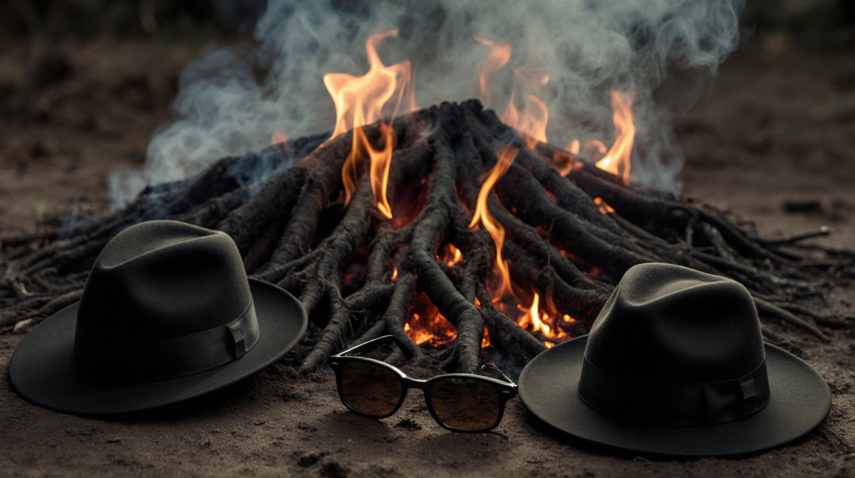Smoldering embers burn behind dense root mat with smoke rising while fedora and sunglasses rest in foreground