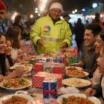 Families gathering at a holiday market around a table with dishes and wrapped toys while volunteers in jackets bring joy