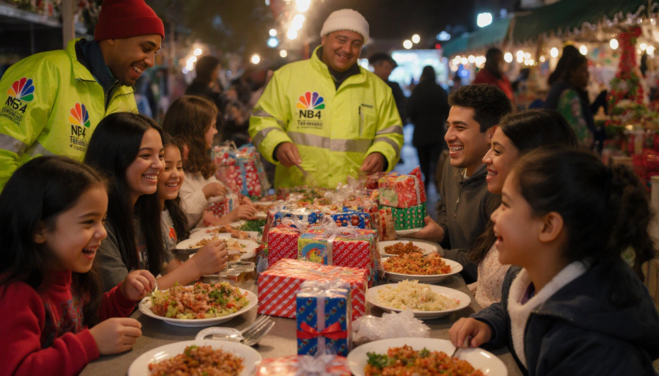 Families gathering at a holiday market around a table with dishes and wrapped toys while volunteers in jackets bring joy