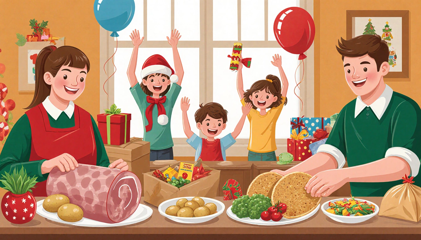 Volunteer packing a meal bag with ham and fresh produce while children unwrap toys in background.