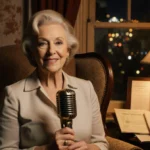 Holland Taylor sits in armchair with vintage theater programs and holds classic microphone with Broadway lights glowing throu
