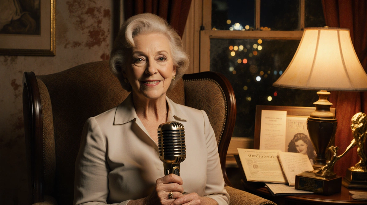 Holland Taylor sits in armchair with vintage theater programs and holds classic microphone with Broadway lights glowing throu