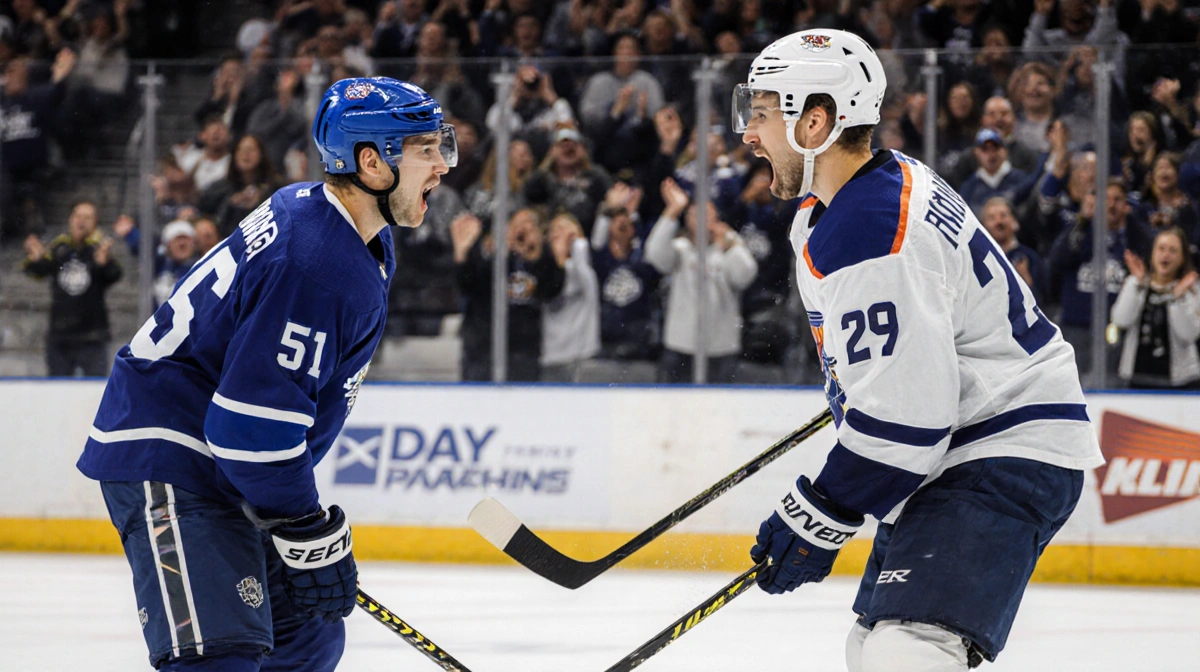 Hockey players Shane Hollander and Ilya Rozanov facing off on ice with one showing shocked expression and crowd reacting behi