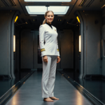 Holly Hunter stands in Starfleet corridor with crisp white uniform bare feet and warm golden light illuminating her face