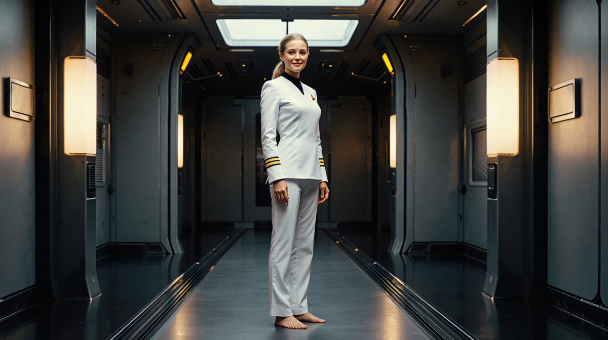 Holly Hunter stands in Starfleet corridor with crisp white uniform bare feet and warm golden light illuminating her face