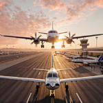 Small plane taking off with golden sunset sky and long runway in background