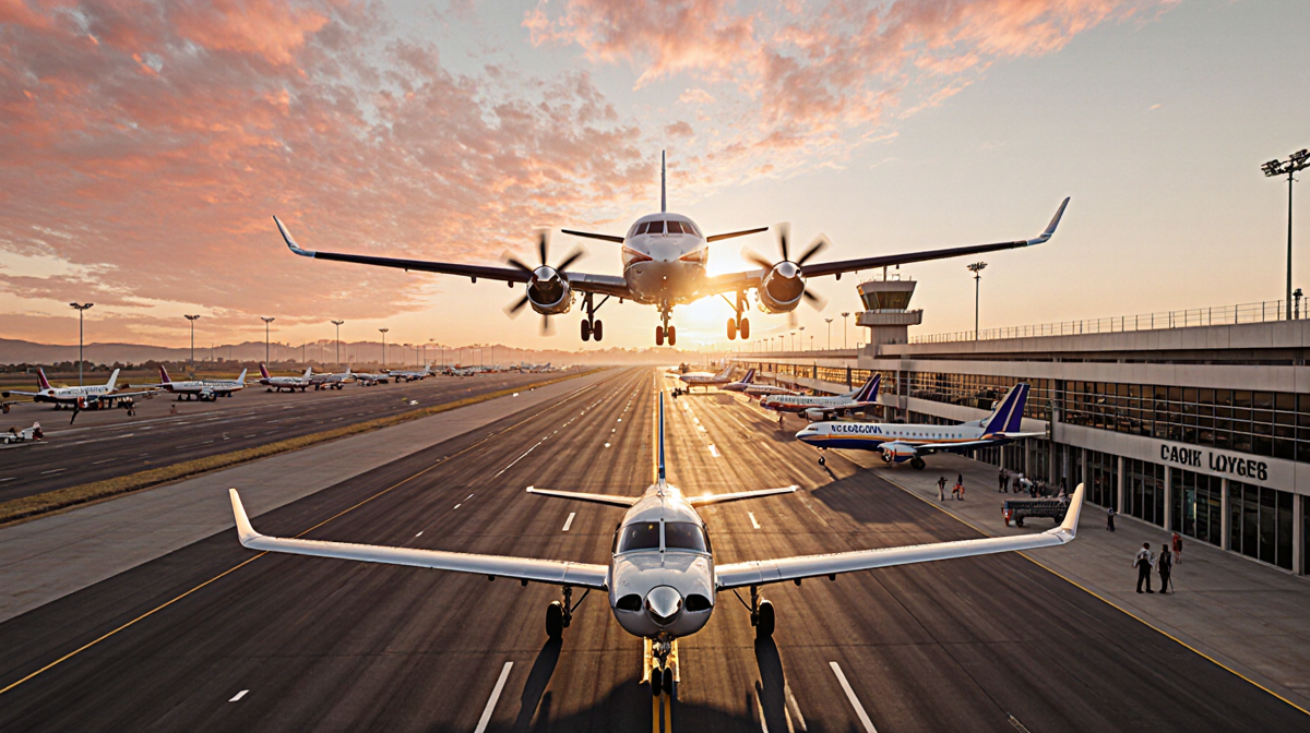 Small plane taking off with golden sunset sky and long runway in background