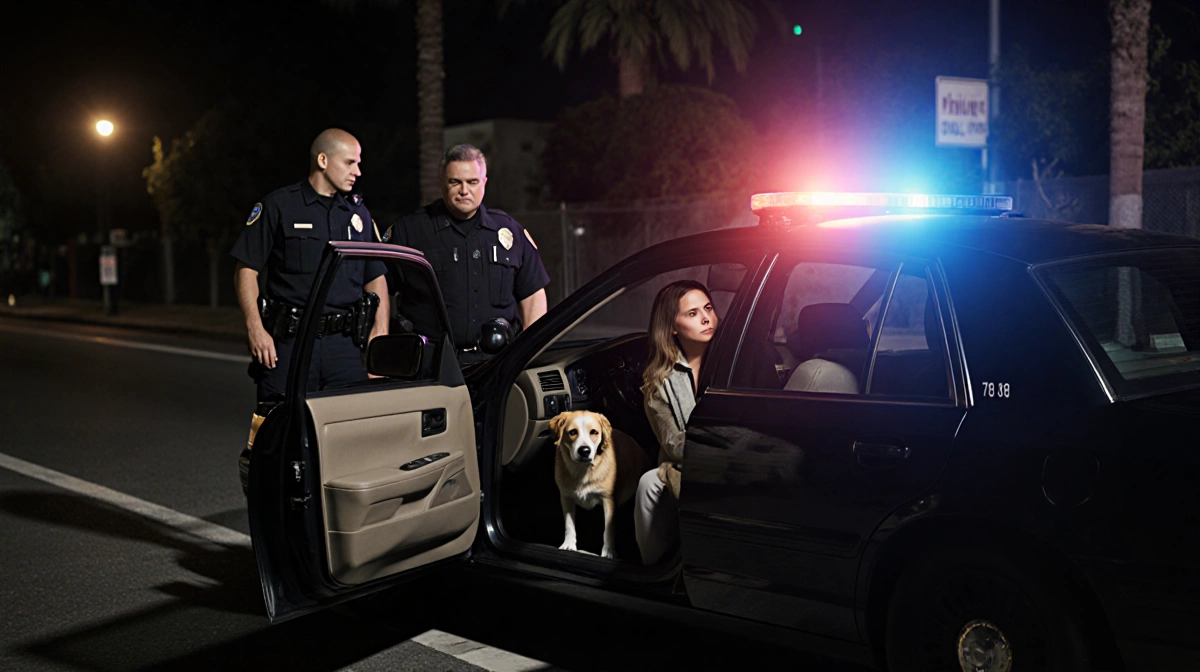 Anxious woman sits with her disoriented dog in parked sedan while police officers stand nearby with patrol lights glowing