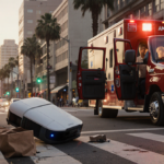 Food delivery robot lying on its side with a red ambulance beside it lights flashing and delivery bag scattered morning light
