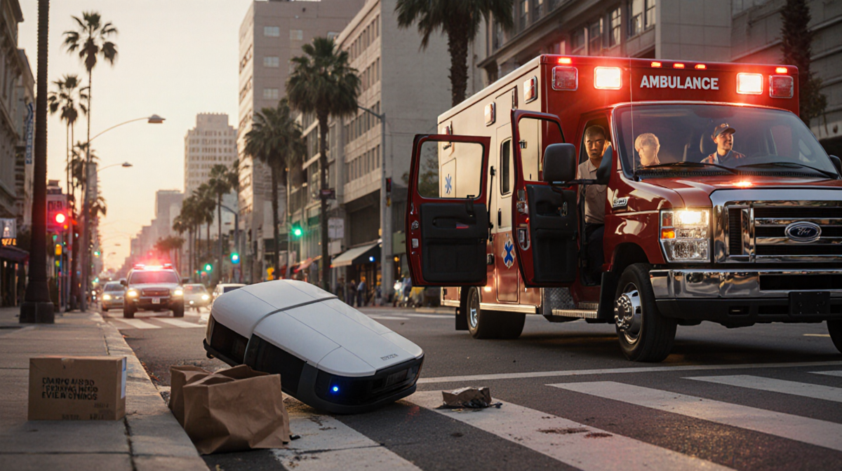 Food delivery robot lying on its side with a red ambulance beside it lights flashing and delivery bag scattered morning light