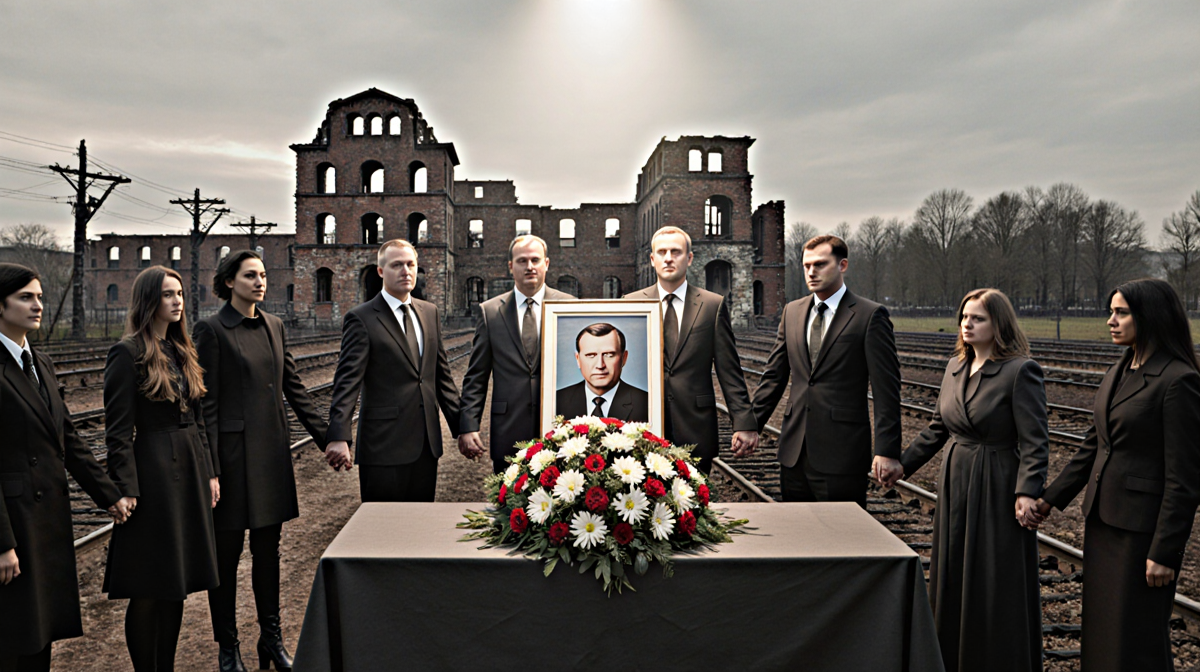 Group of diverse people holding hands around a memorial table with flowers and wreaths at Auschwitz site under a Holocaust re