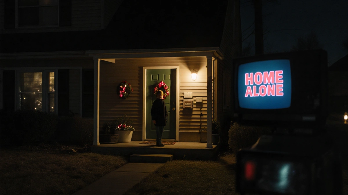 Suburban porch light glowing warmly on front door with Home Alone TV reflection showing in window