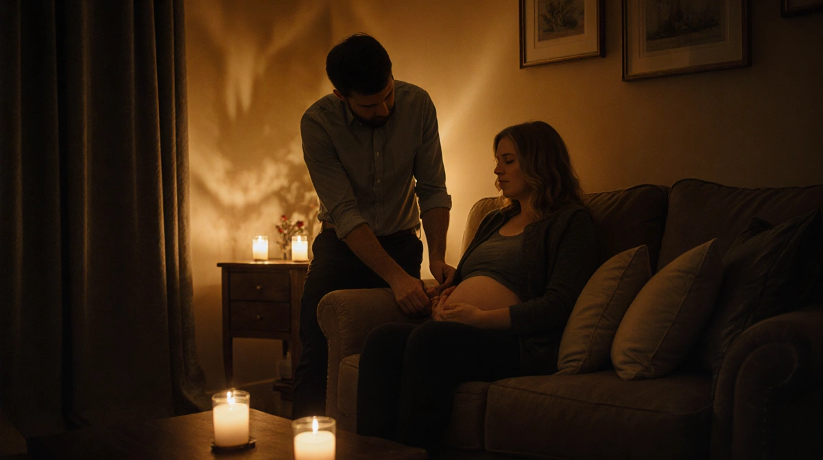 Hayley laboring on couch with Derek supporting and candlelight glowing softly
