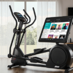 Elliptical machine running in home gym with natural light through window display shows fitness app with JRNY branding.