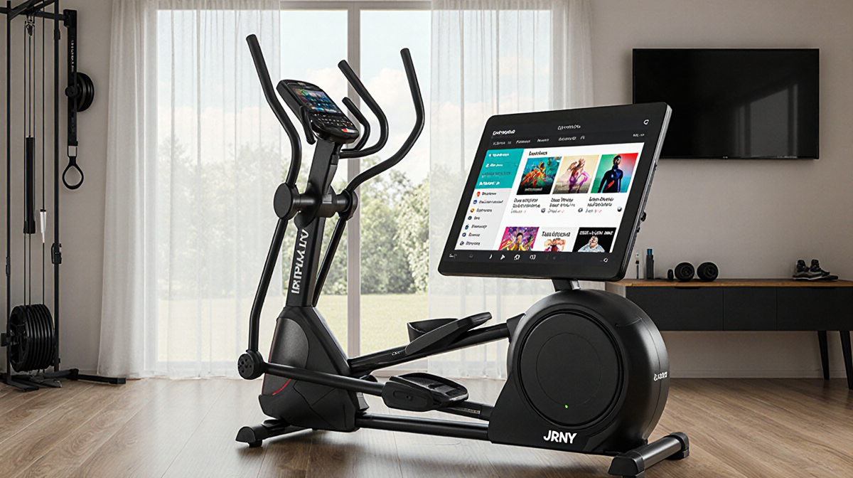 Elliptical machine running in home gym with natural light through window display shows fitness app with JRNY branding.