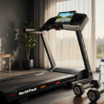 Treadmill displays scenic route with HIIT weights and fruit near bench under warm natural light