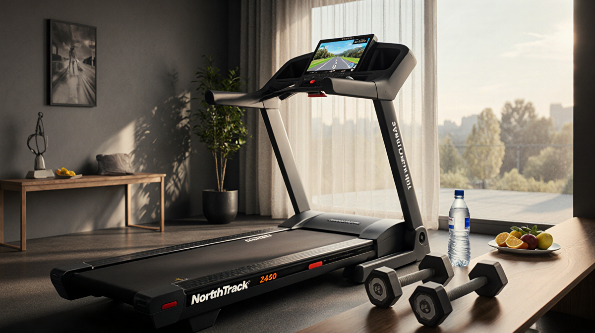 Treadmill displays scenic route with HIIT weights and fruit near bench under warm natural light