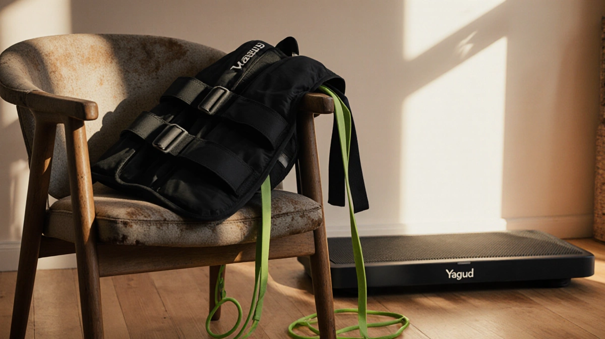 Weighted vest draped on armchair with resistance bands tangled around legs and under-desk walking pad humming nearby
