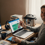 Smiling person holding Acer Chromebook with Walmart website visible on laptop screen and coffee mug beside books on desk.