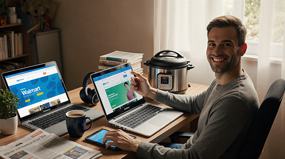 Smiling person holding Acer Chromebook with Walmart website visible on laptop screen and coffee mug beside books on desk.